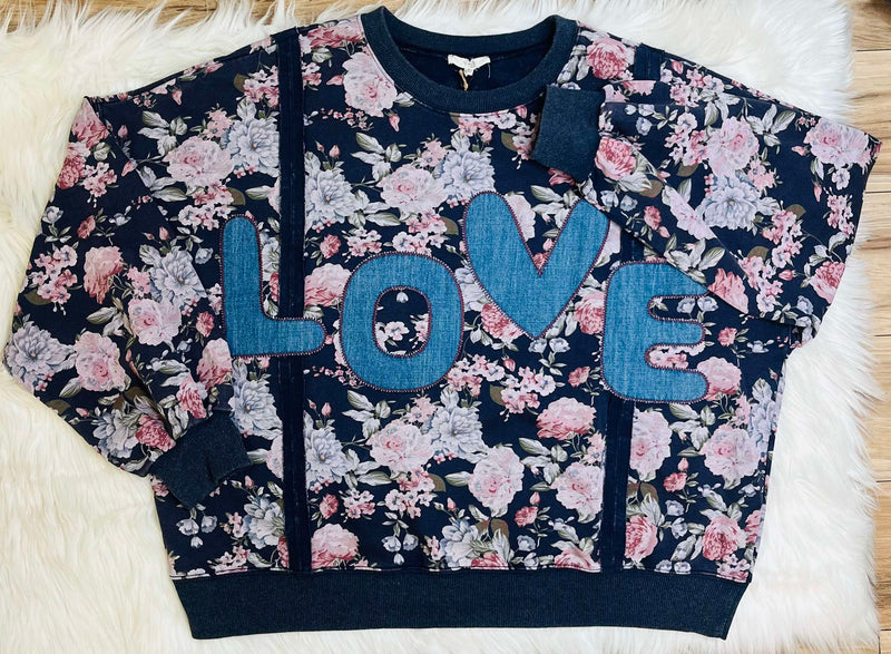 Easel Vintage Rose LOVE Embroidered Pullover Top
