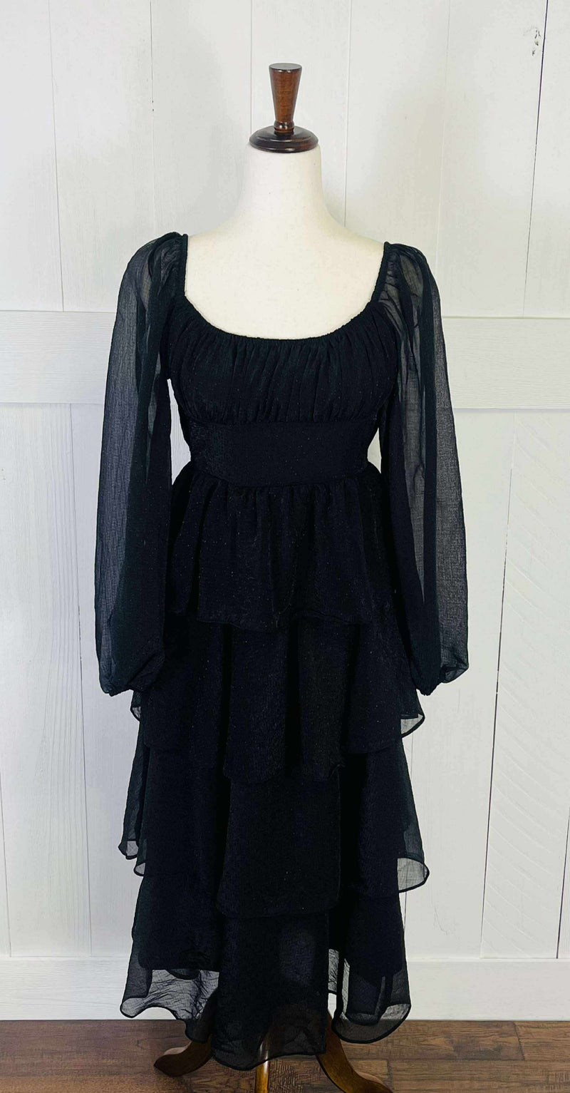 Women’s Black Ruffle Tiered Midi Dress