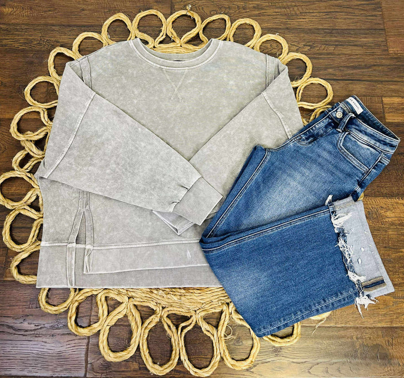 Women’s Acid Washed Drop Shoulder Grey Top