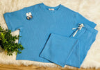 Women’s Short Sleeve Ribbed Drawstring pant sets Sky Blue