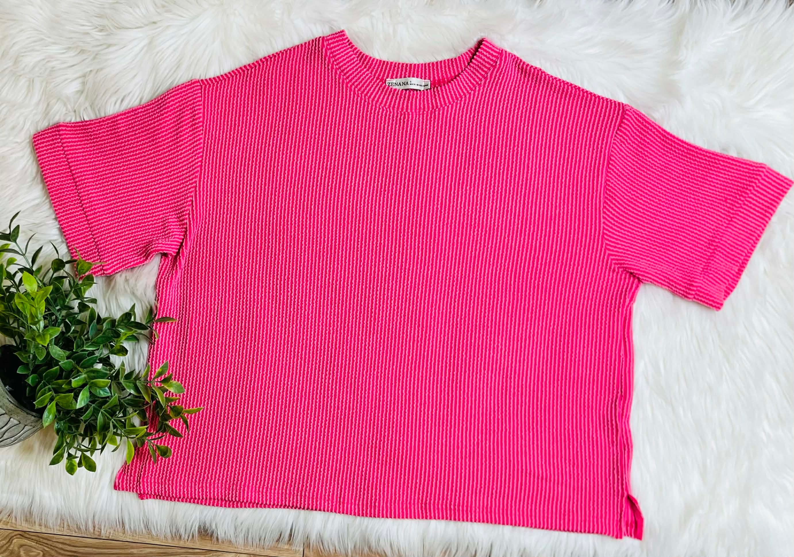 Women’s Ribbed Short Sleeve Drawstring Pants Set Hot Pink