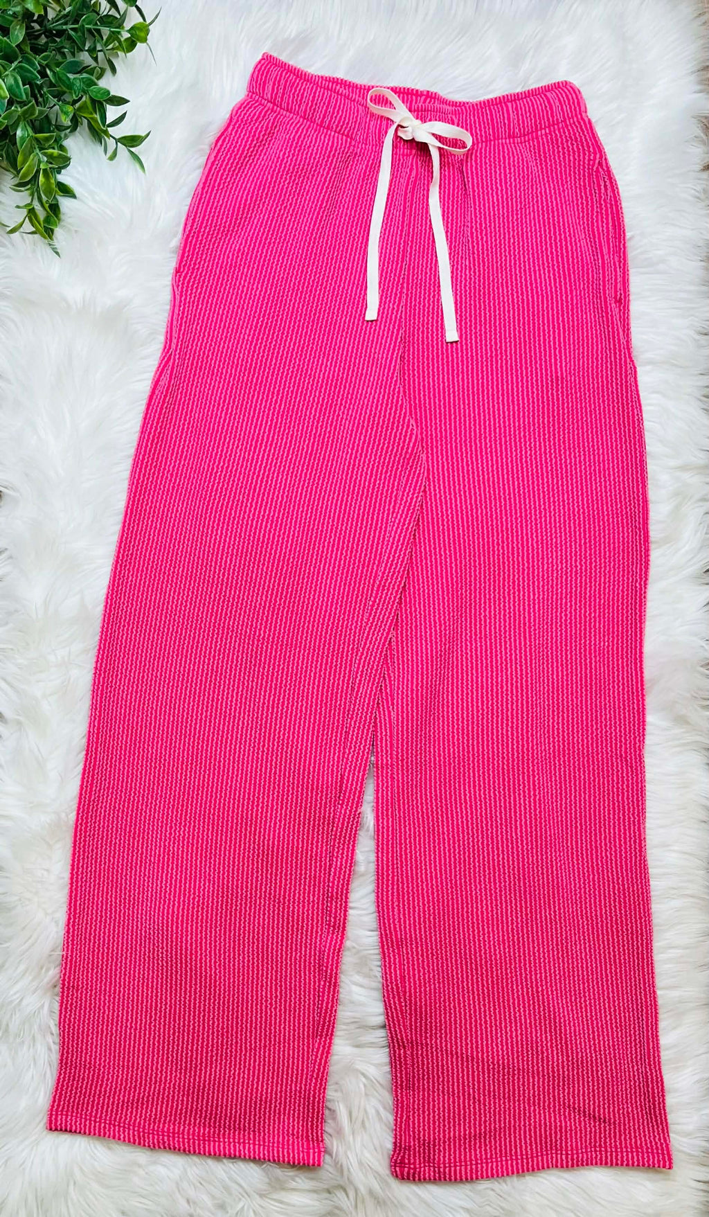 Women’s Ribbed Short Sleeve Drawstring Pants Set Hot Pink