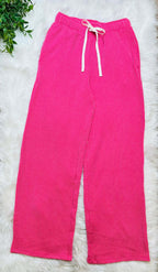 Women’s Ribbed Short Sleeve Drawstring Pants Set Hot Pink