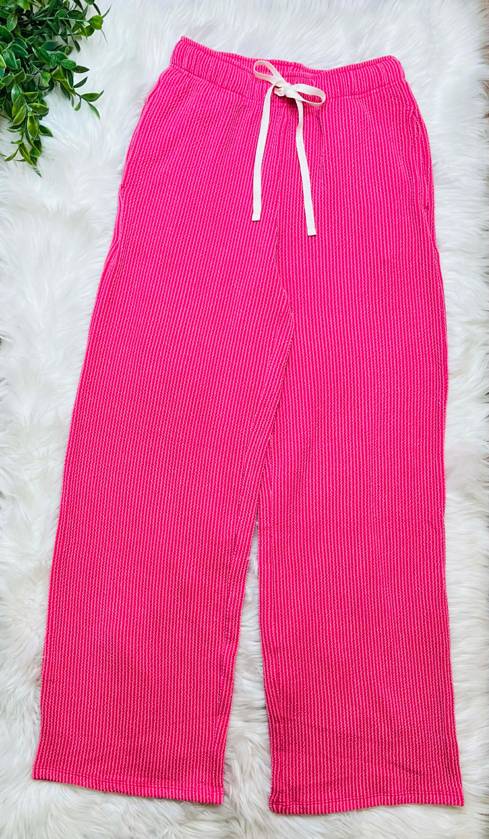 Women’s Ribbed Short Sleeve Drawstring Pants Set Hot Pink