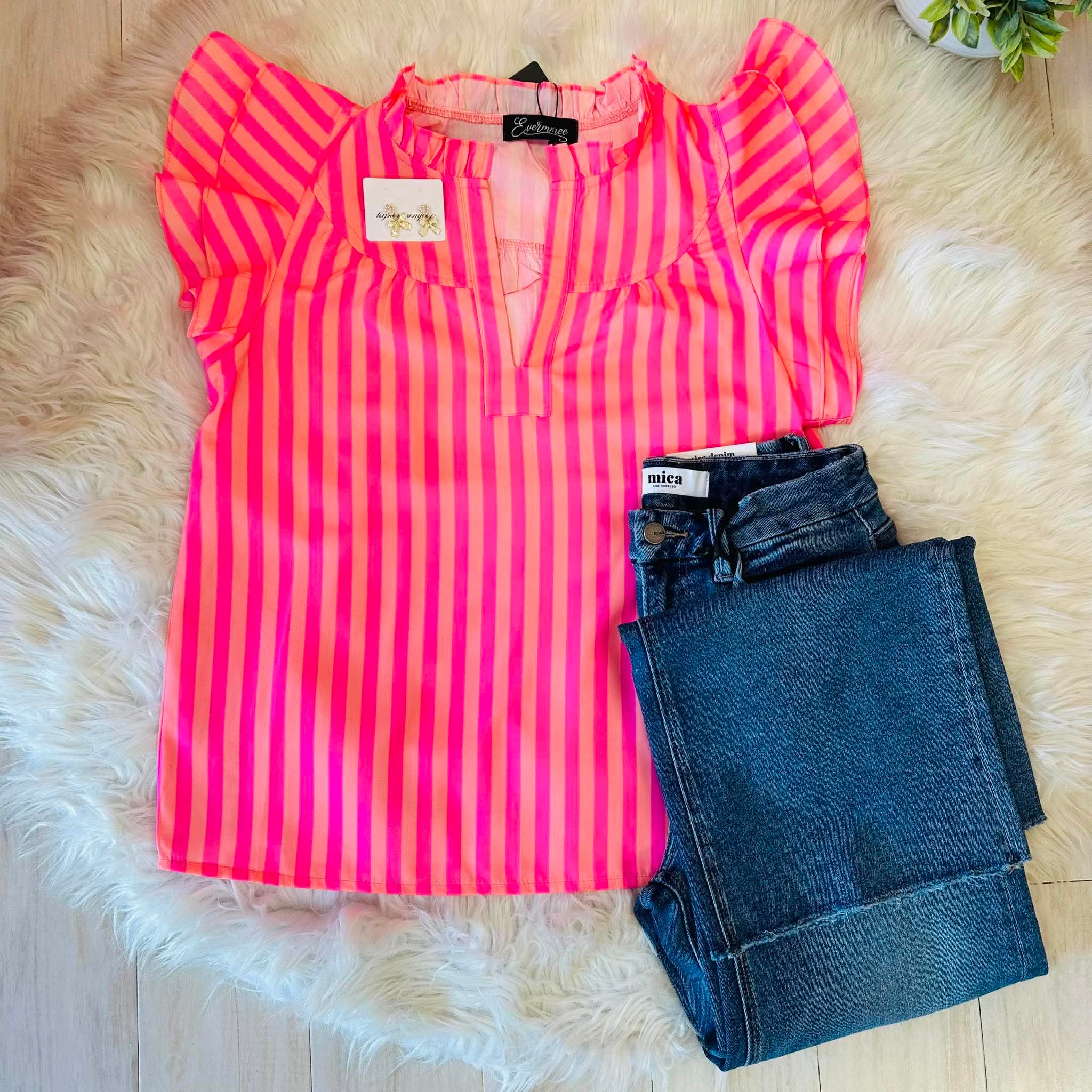 Women’s Evermmee Pink and Orange Ruffle Sleeve Top