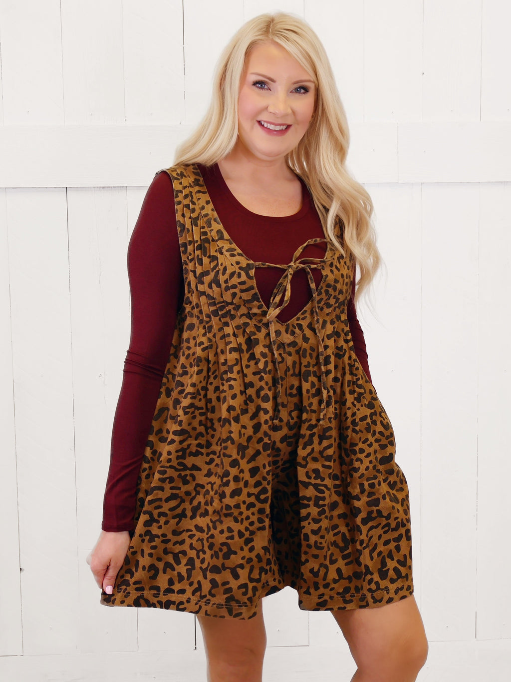 J Her Leopard Denim Front Tie Romper Women's