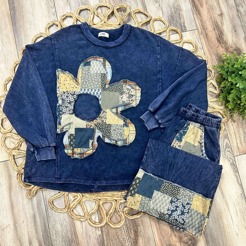 J Her Navy Daisy Patchwork Pant Set