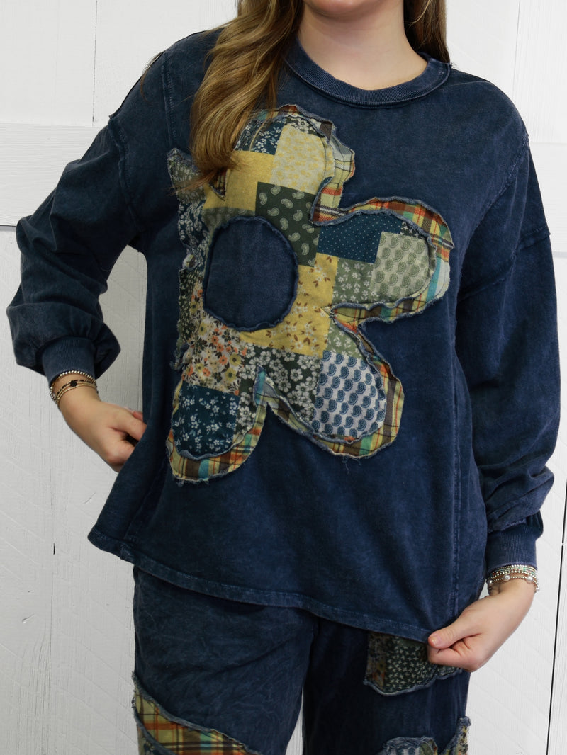 J Her Navy Daisy Patchwork Pant Set