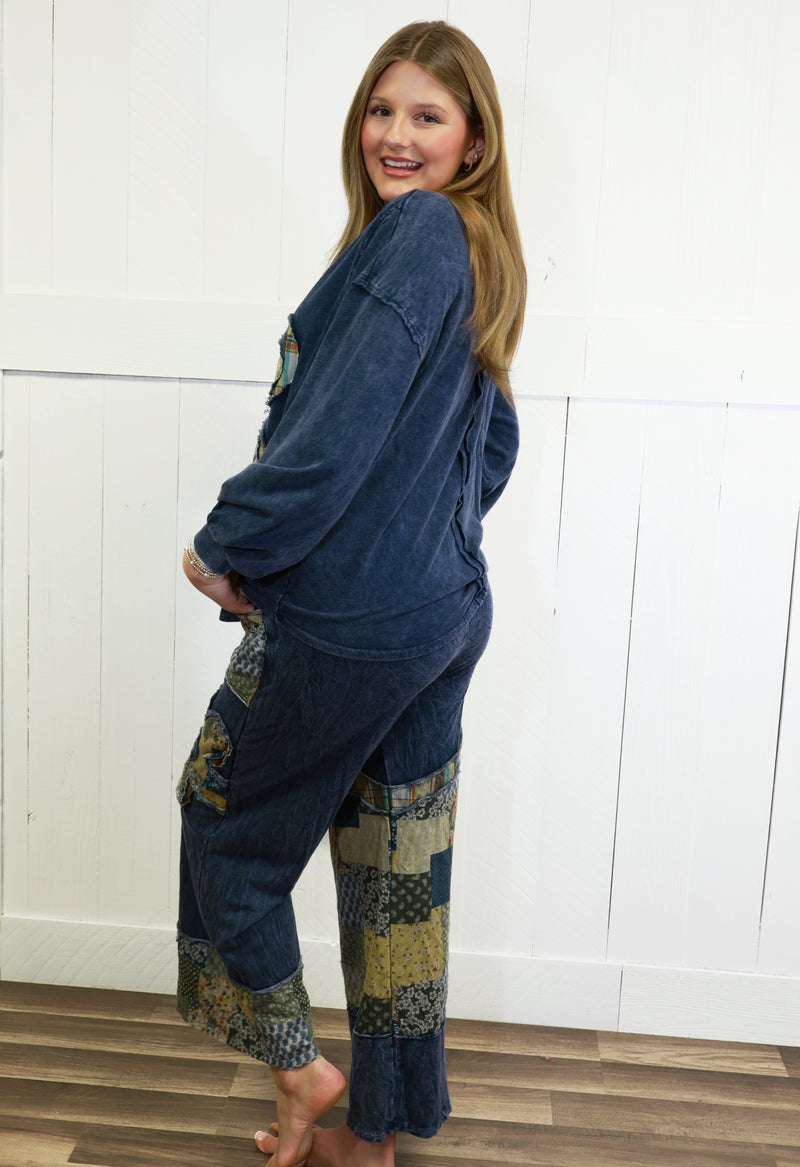 J Her Navy Daisy Patchwork Pant Set