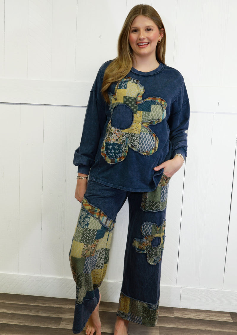 J Her Navy Daisy Patchwork Pant Set