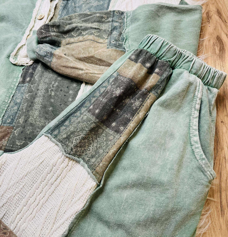 J Her Olive Mixed Patchwork Pant Set