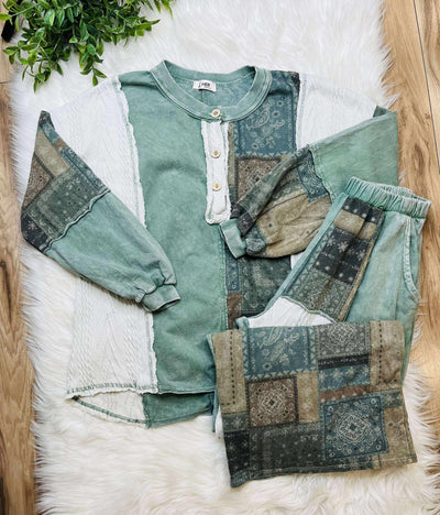 J Her Olive Mixed Patchwork Pant Set