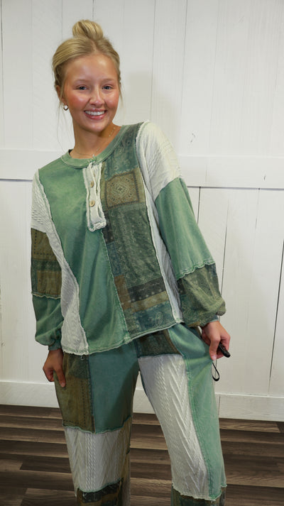 J Her Olive Mixed Patchwork Pant Set