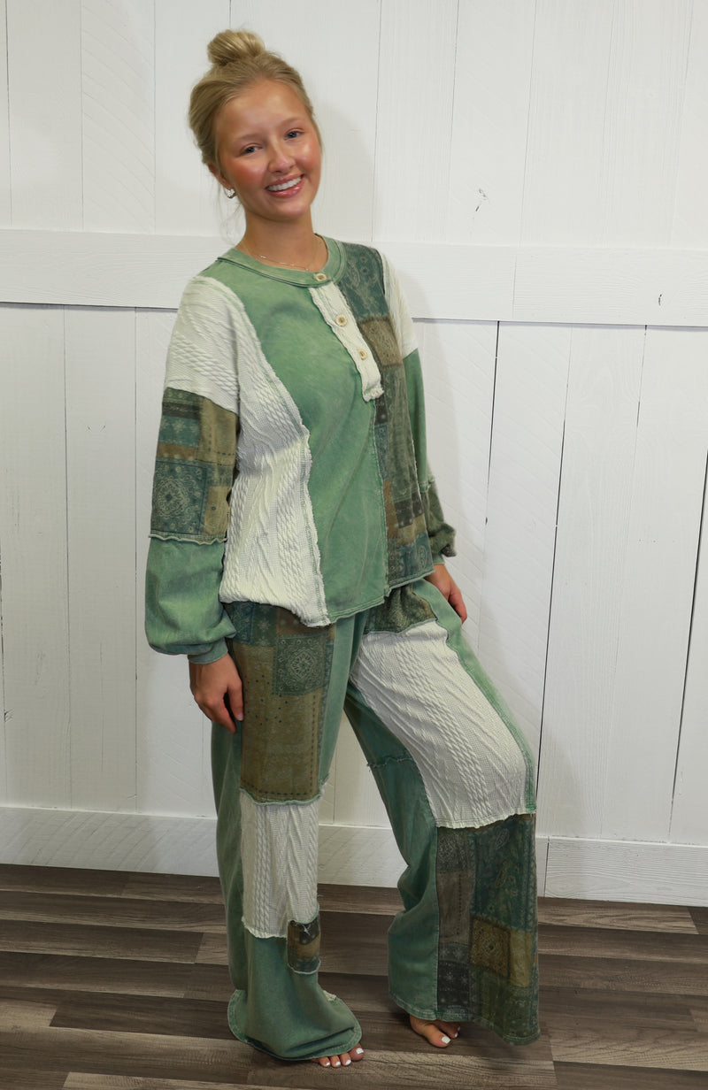 J Her Olive Mixed Patchwork Pant Set