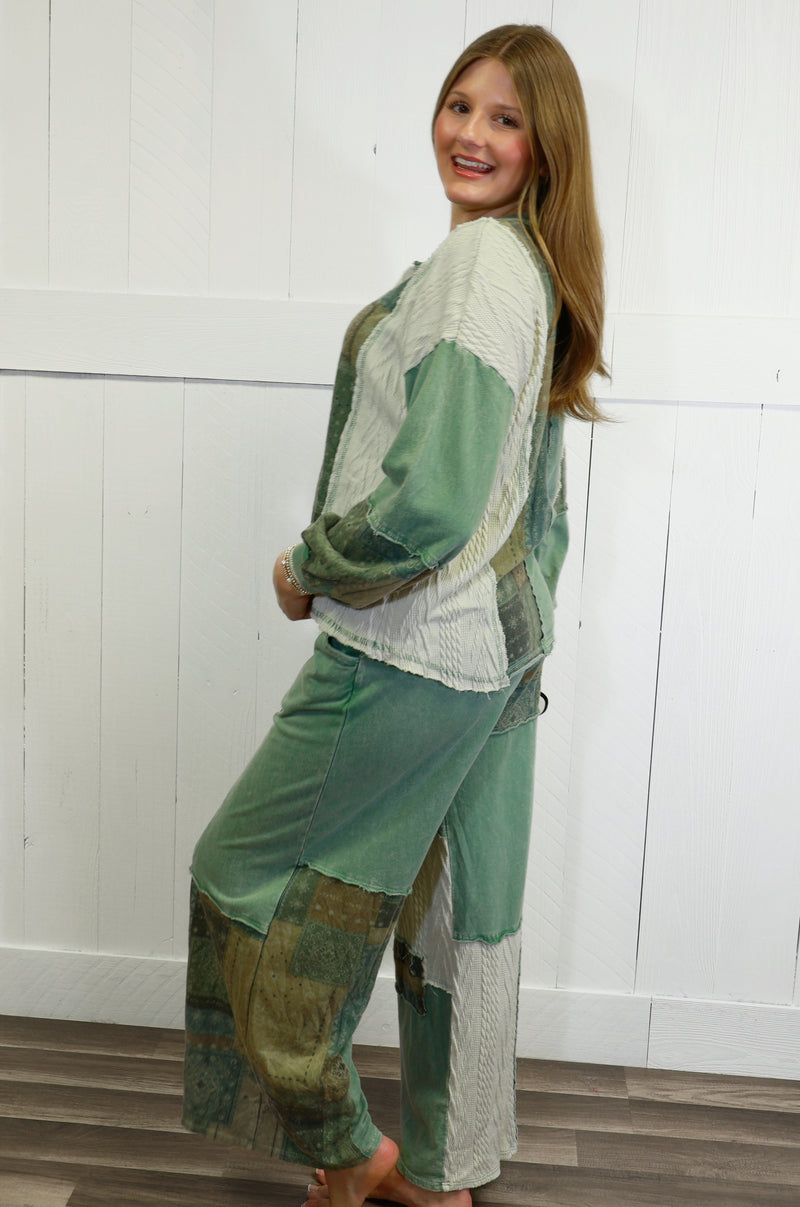 J Her Olive Mixed Patchwork Pant Set