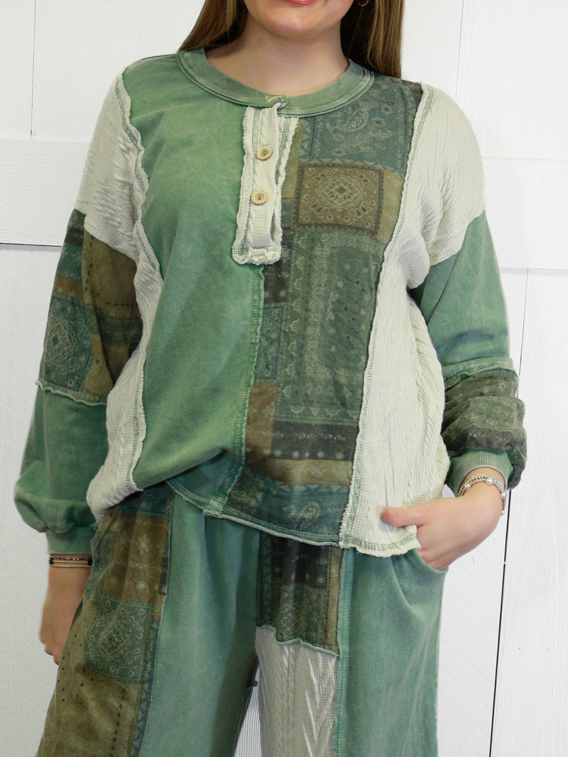 J Her Olive Mixed Patchwork Pant Set