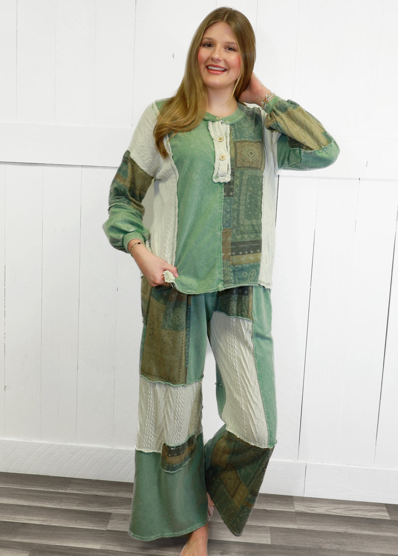 J Her Olive Mixed Patchwork Pant Set