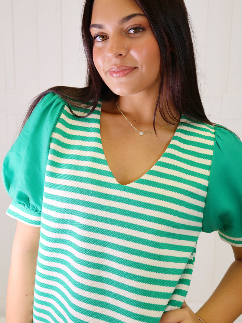 Jodifl Puff Sleeve Green Striped Top