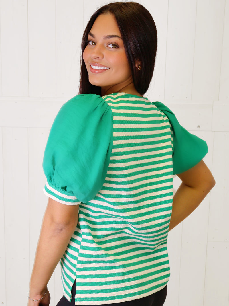 Jodifl Puff Sleeve Green Striped Top