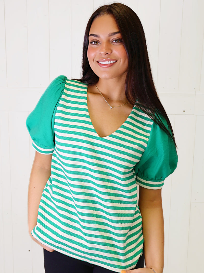 Jodifl Puff Sleeve Green Striped Top