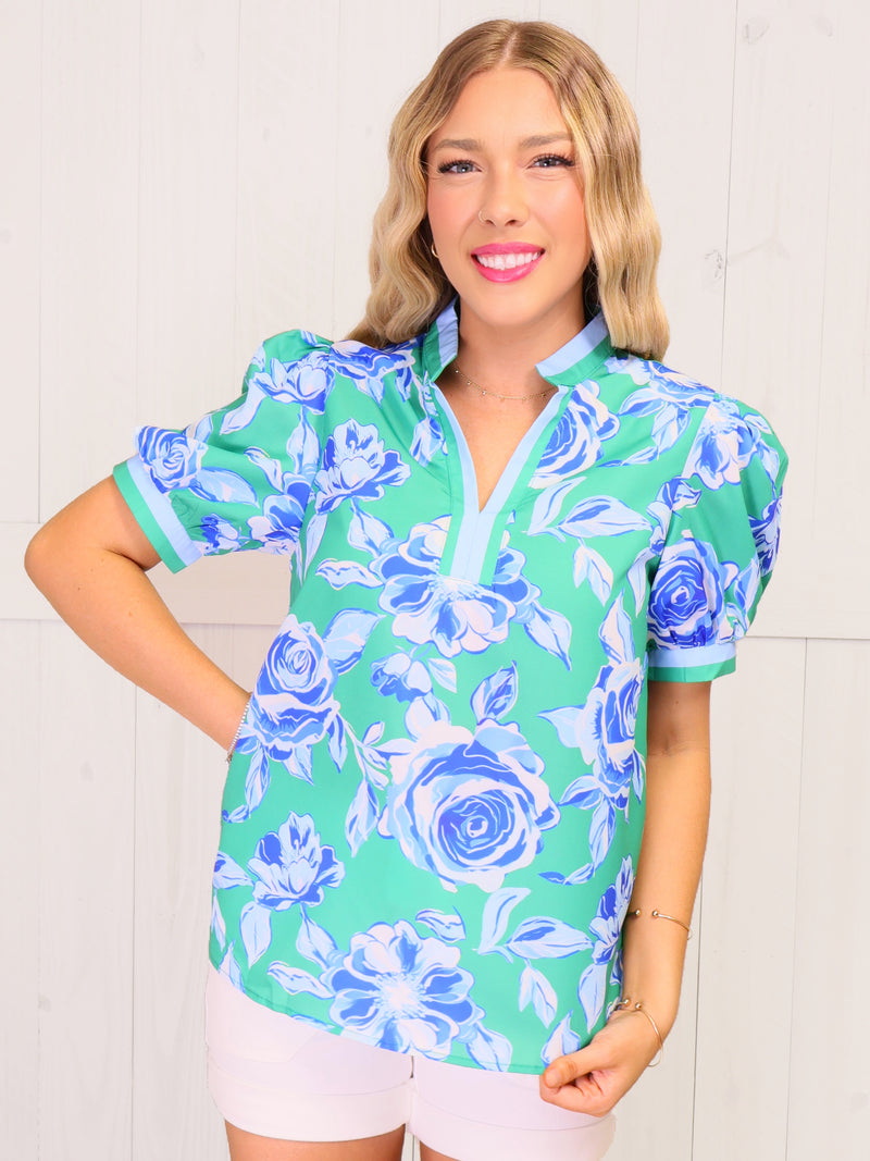 Kelly Green Floral Blouse Top