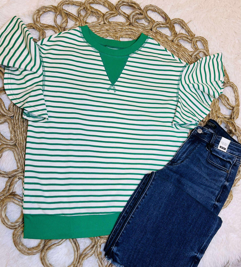 Kelly Green Stripe Ruffle sleeve top