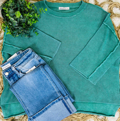 Kelly Green Washed 3/4 Sleeve Boxy Sweater