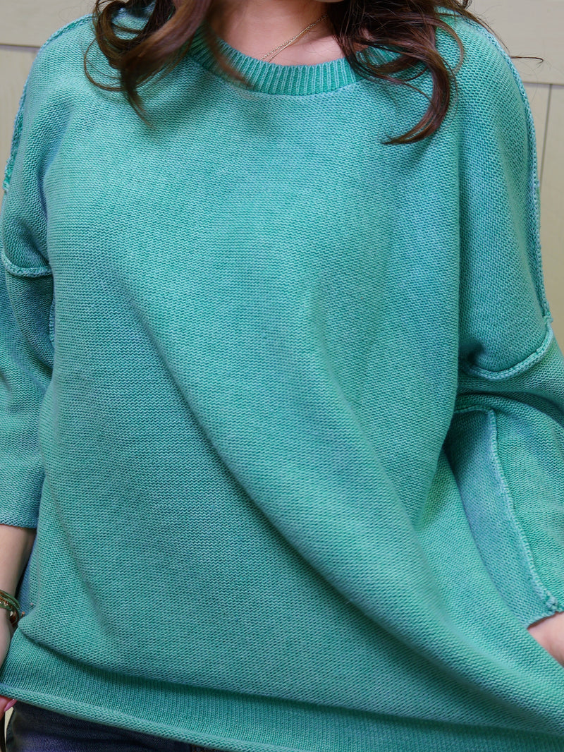 Kelly Green Washed 3/4 Sleeve Boxy Sweater