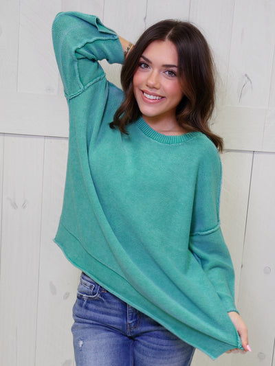 Kelly Green Washed 3/4 Sleeve Boxy Sweater