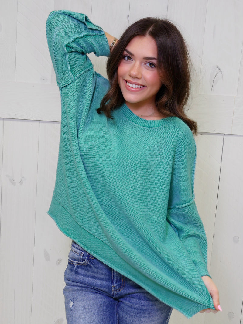 Kelly Green Washed 3/4 Sleeve Boxy Sweater