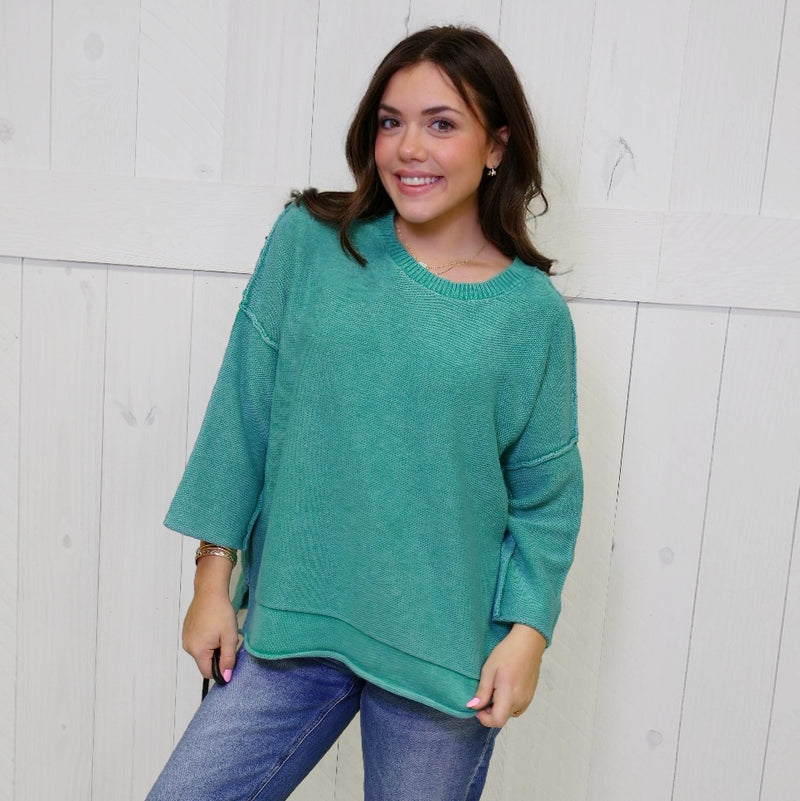 Kelly Green Washed 3/4 Sleeve Boxy Sweater