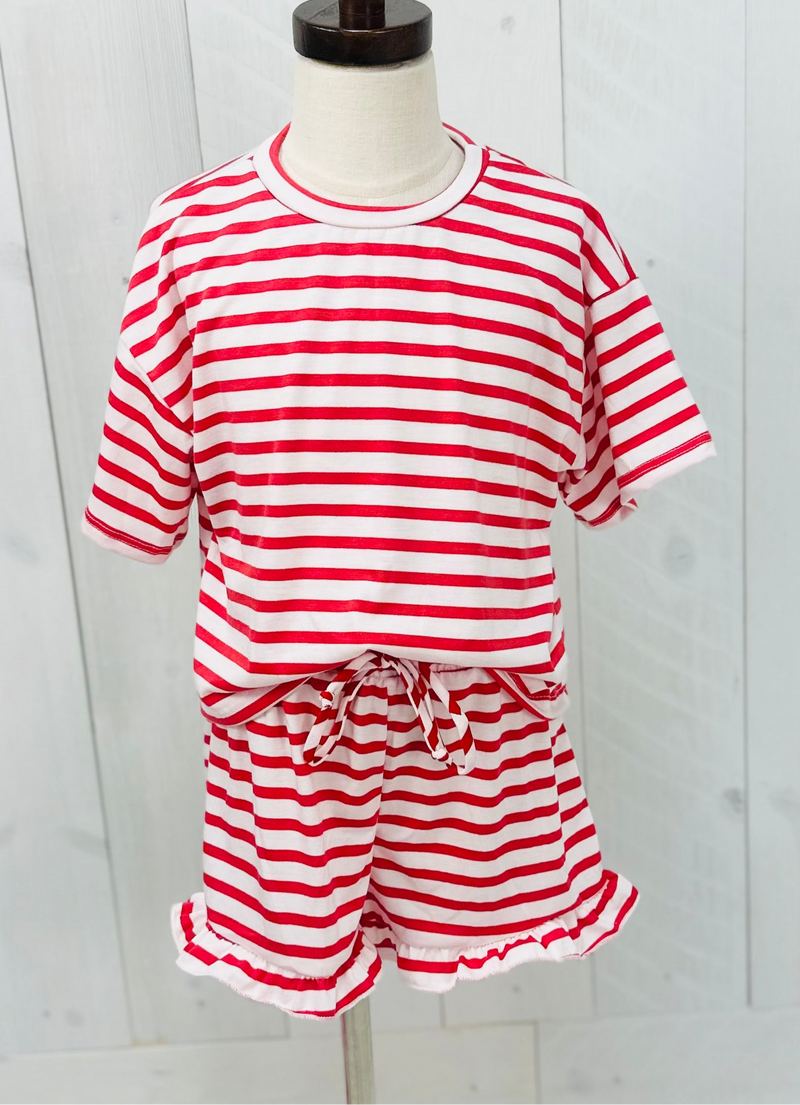 Kid’s Red Striped Top and Ruffle Shorts Set Girls