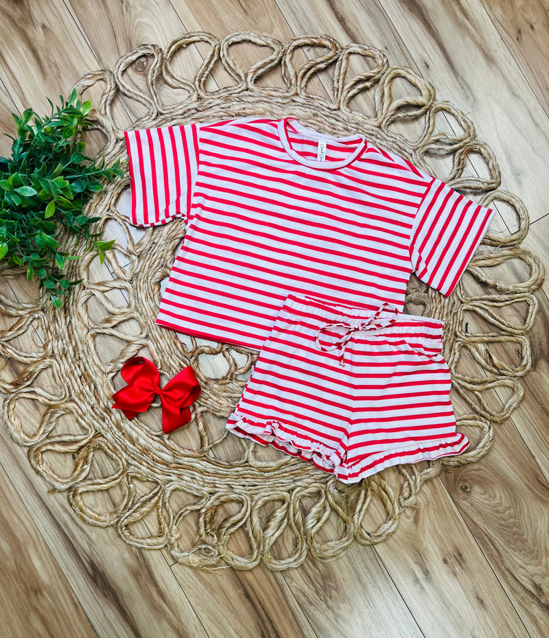 Kid’s Red Striped Top and Ruffle Shorts Set Girls