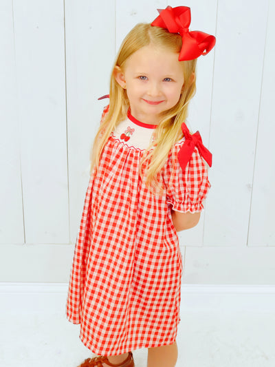 Kids Red Cherry Bow Plaid Smocking Embroidery Dress