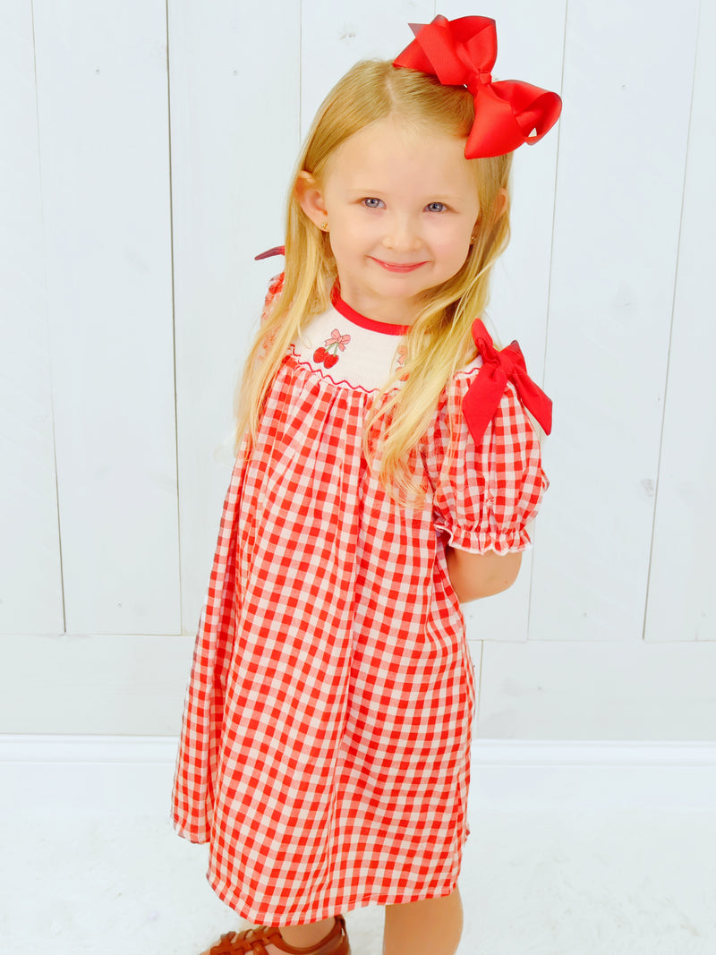 Kids Red Cherry Bow Plaid Smocking Embroidery Dress