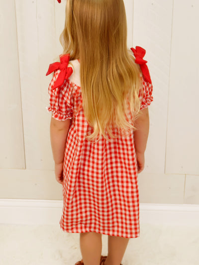 Kids Red Cherry Bow Plaid Smocking Embroidery Dress