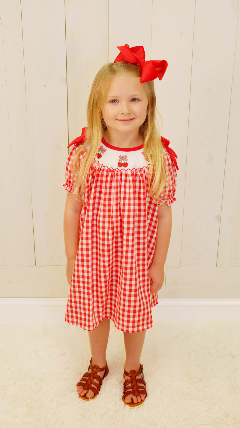 Kids Red Cherry Bow Plaid Smocking Embroidery Dress