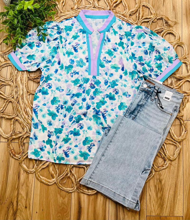 Lavender Floral Split Neck Blouse Top