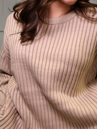 Light Mocha Curved Hem 2 Tone Sweater Top Pullover