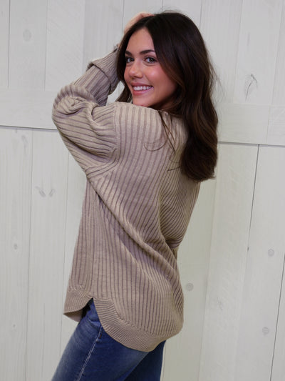 Light Mocha Curved Hem 2 Tone Sweater Top Pullover