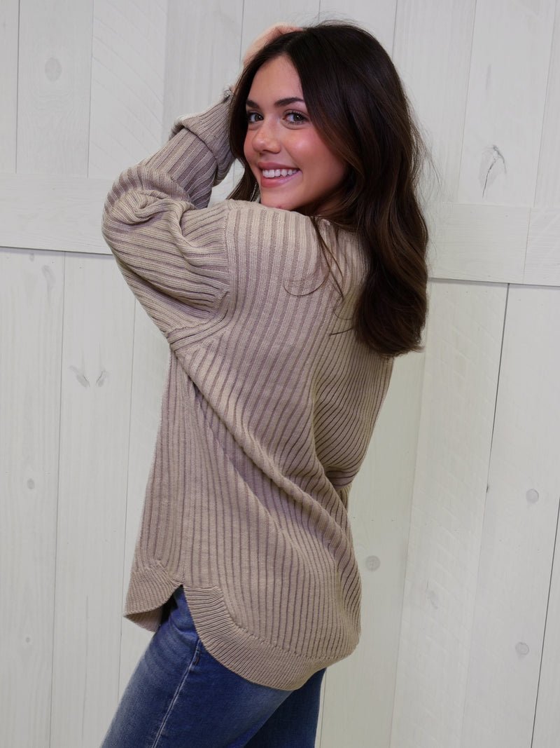 Light Mocha Curved Hem 2 Tone Sweater Top Pullover