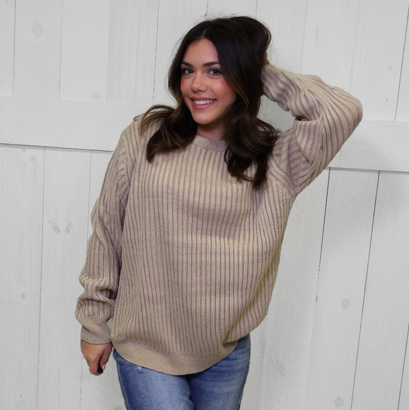 Light Mocha Curved Hem 2 Tone Sweater Top Pullover