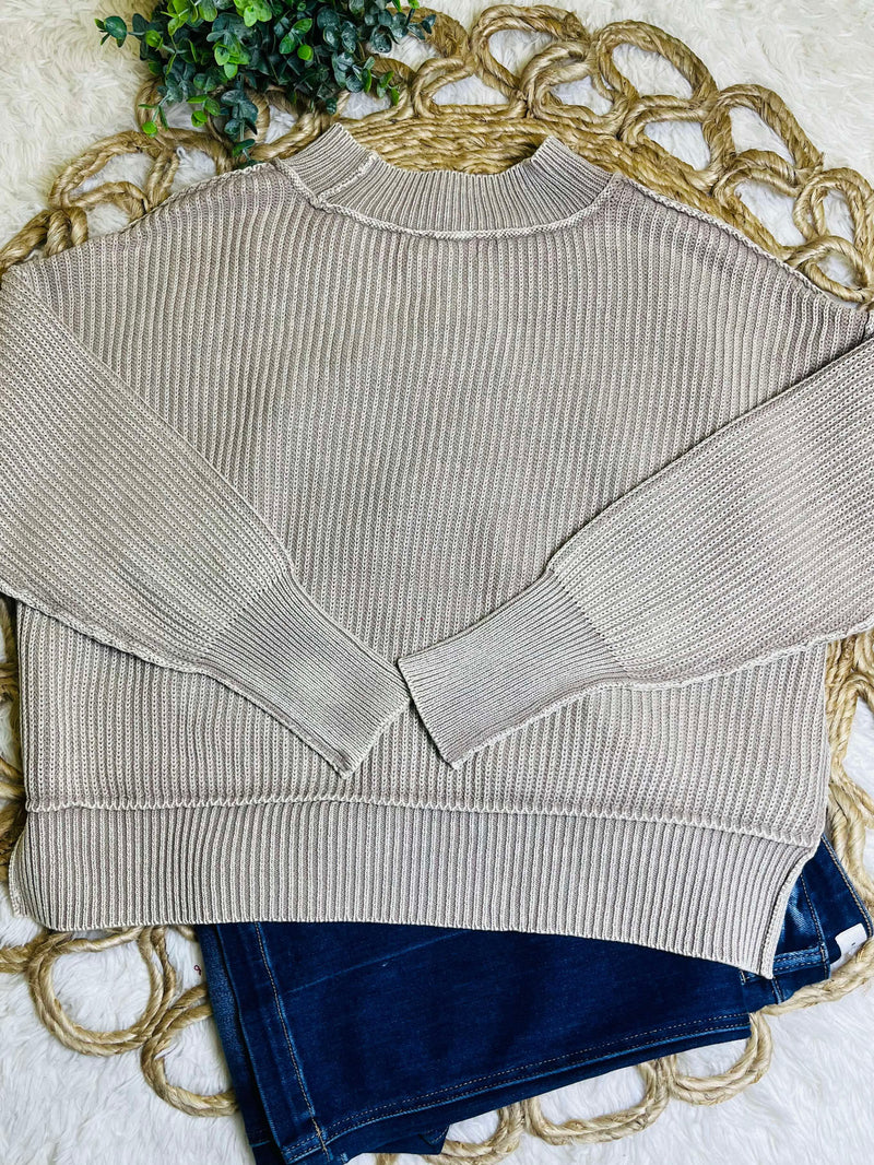 Light Mocha Washed Side Slit Oversized Cropped Sweater Pullover Top