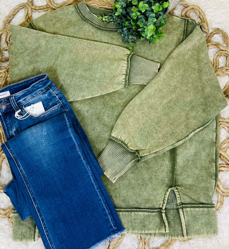 Light Olive Acid Wash Exposed Seam Sweater Pullover Top