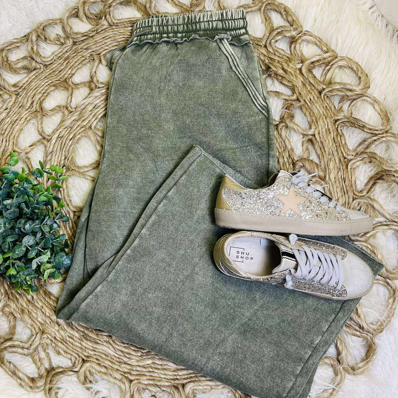 Light Olive Acid Wash Fleece Palazzo pants with pockets