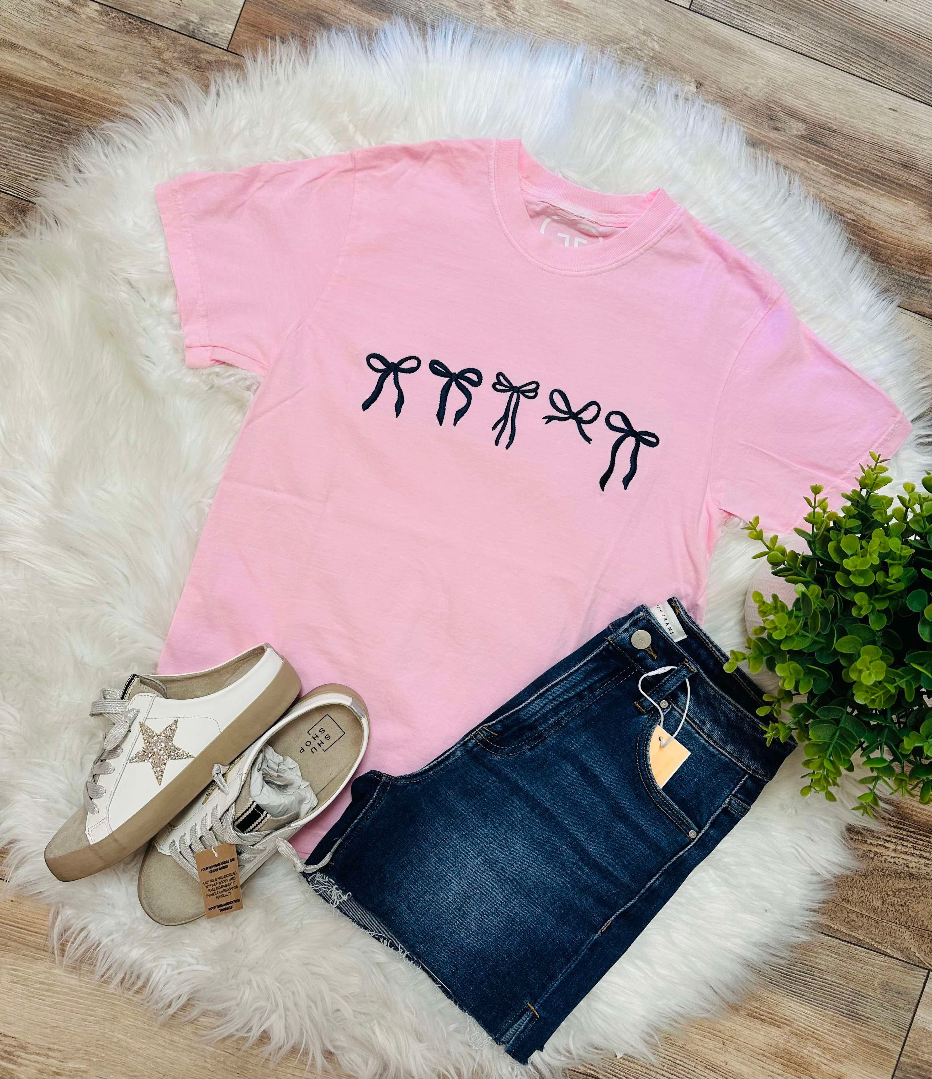 Light Pink Embroidered Bow Tee Graphic Tee Women's