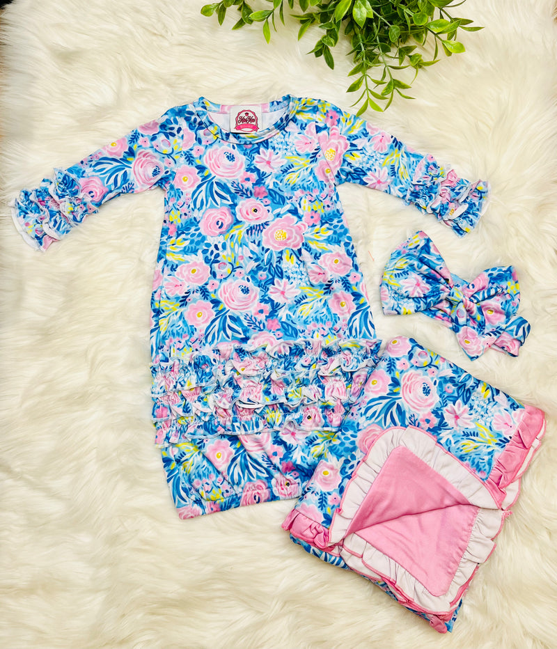 Mini Mee 3 Piece Blue Floral Gown Set