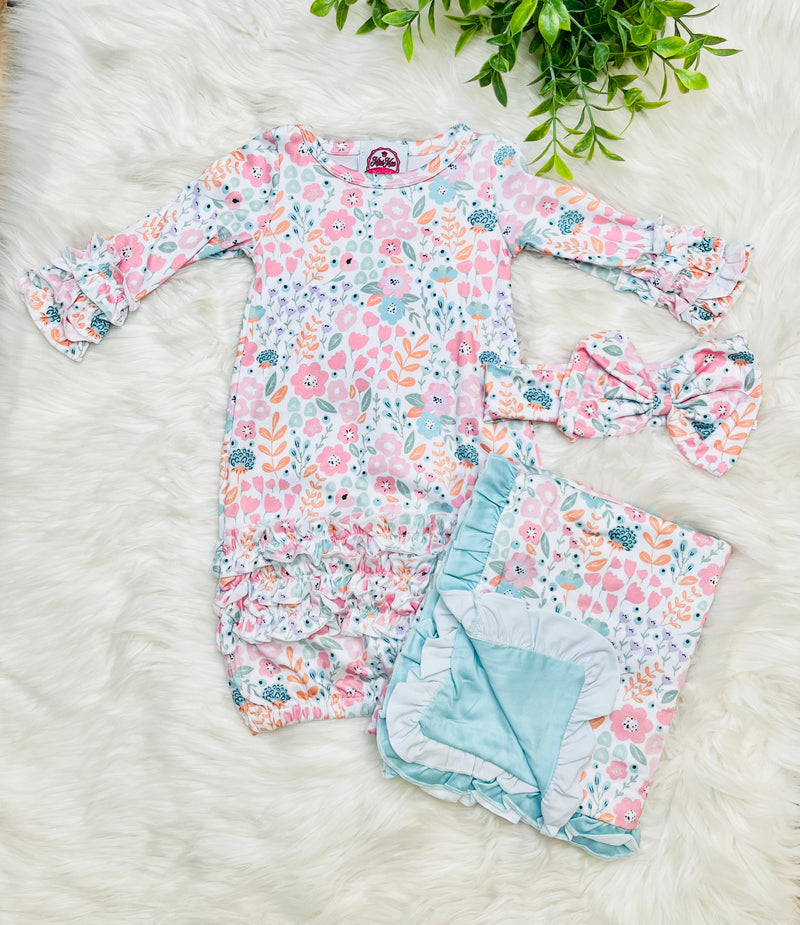 Mini Mee 3 Piece Pink And Blue Floral Gown Set