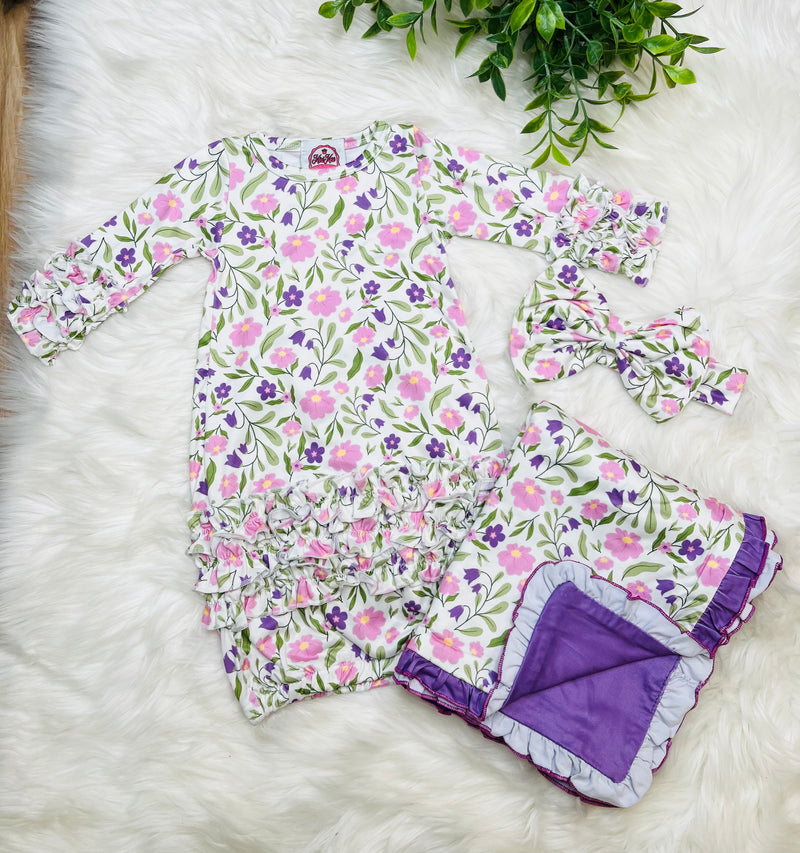 Mini Mee 3 Piece Purple Floral Gown Set
