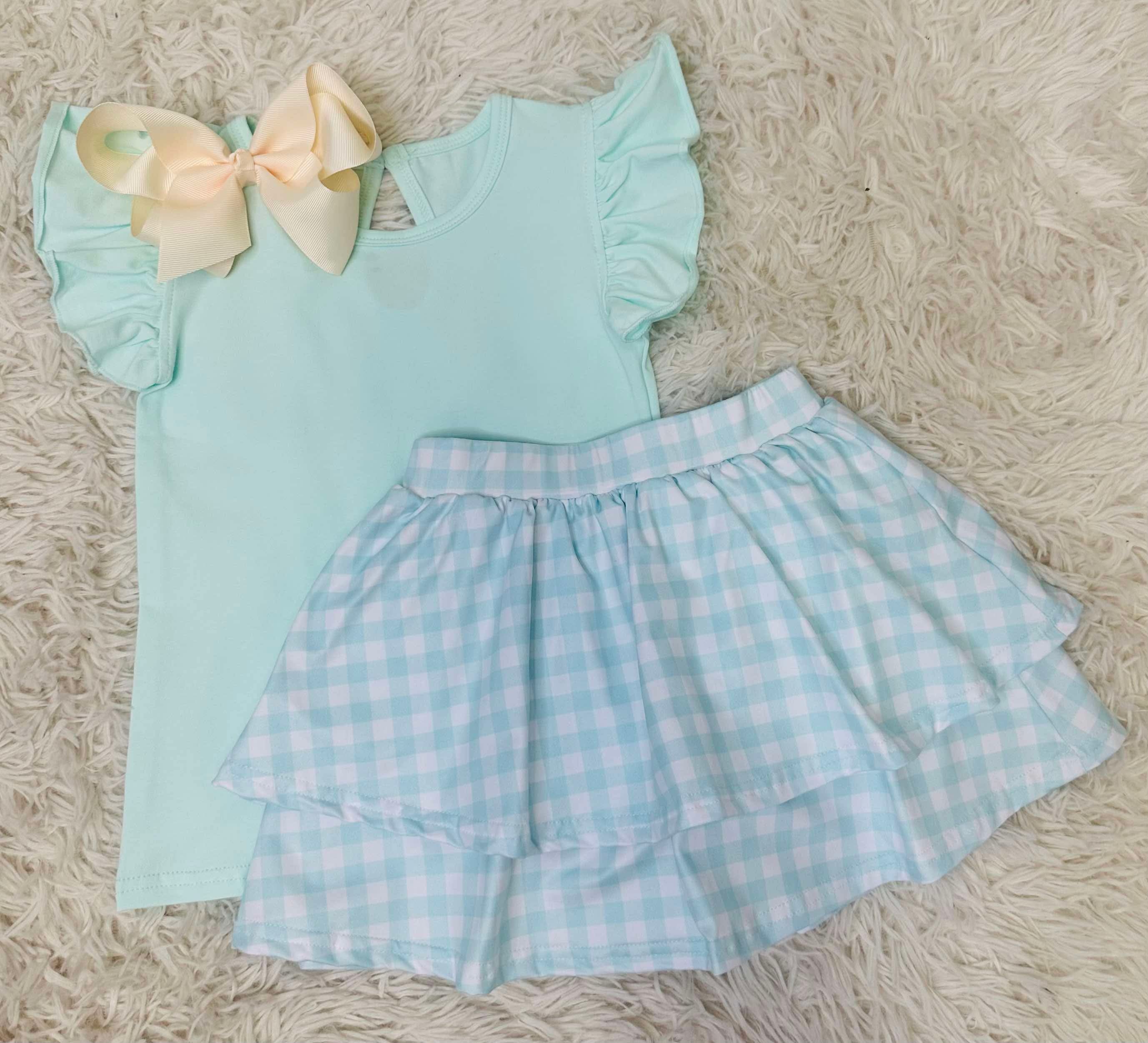 Girl’s Mint Plaid Active Skort Outfit Set